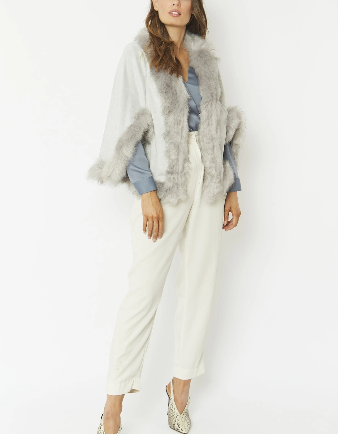 Grey Faux Fur Faux Suede Cape Jacket