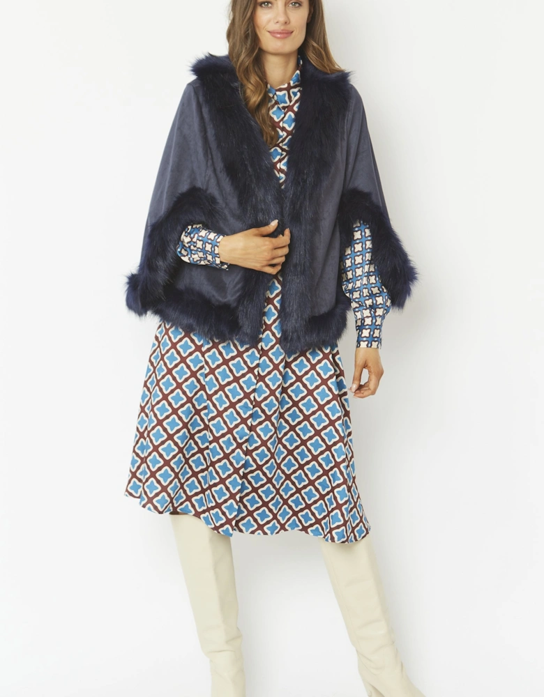 Blue Faux Fur Faux Suede Cape Jacket