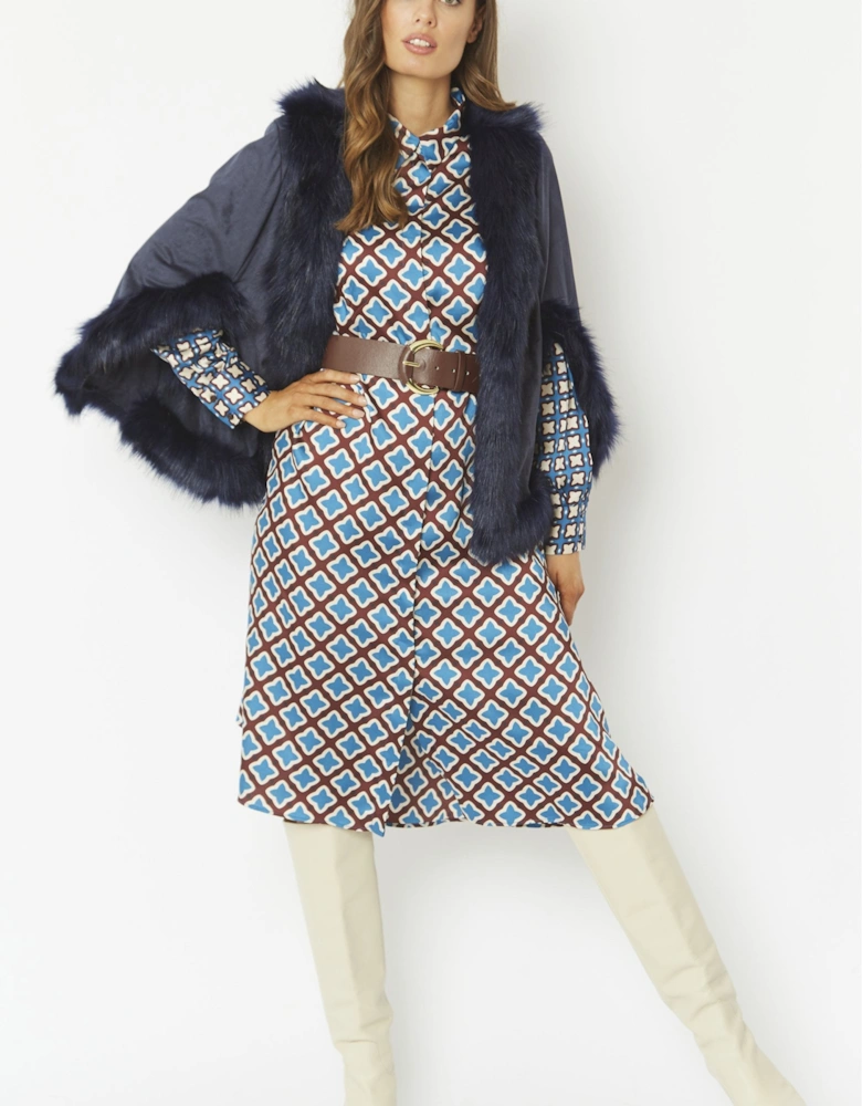 Blue Faux Fur Faux Suede Cape Jacket
