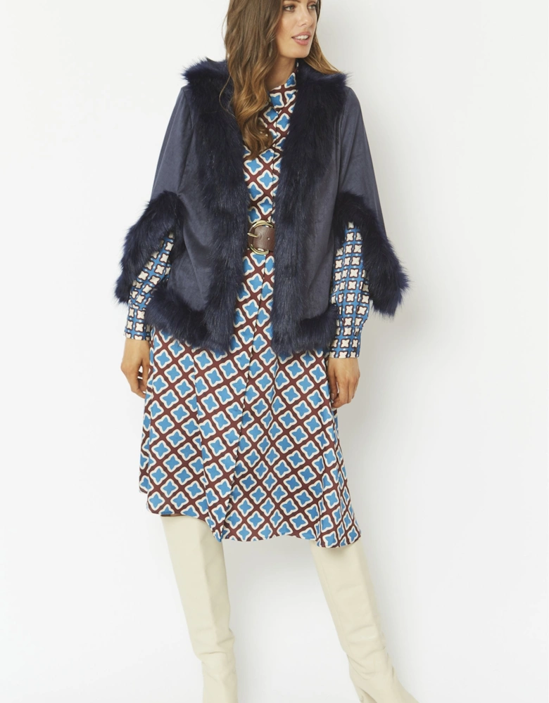 Blue Faux Fur Faux Suede Cape Jacket