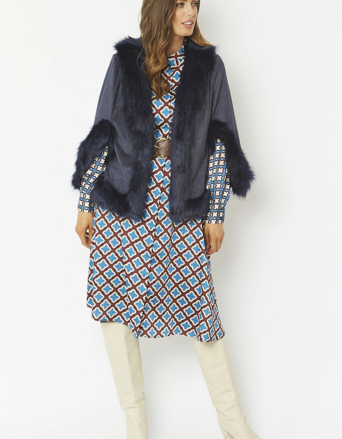 Blue Faux Fur Faux Suede Cape Jacket