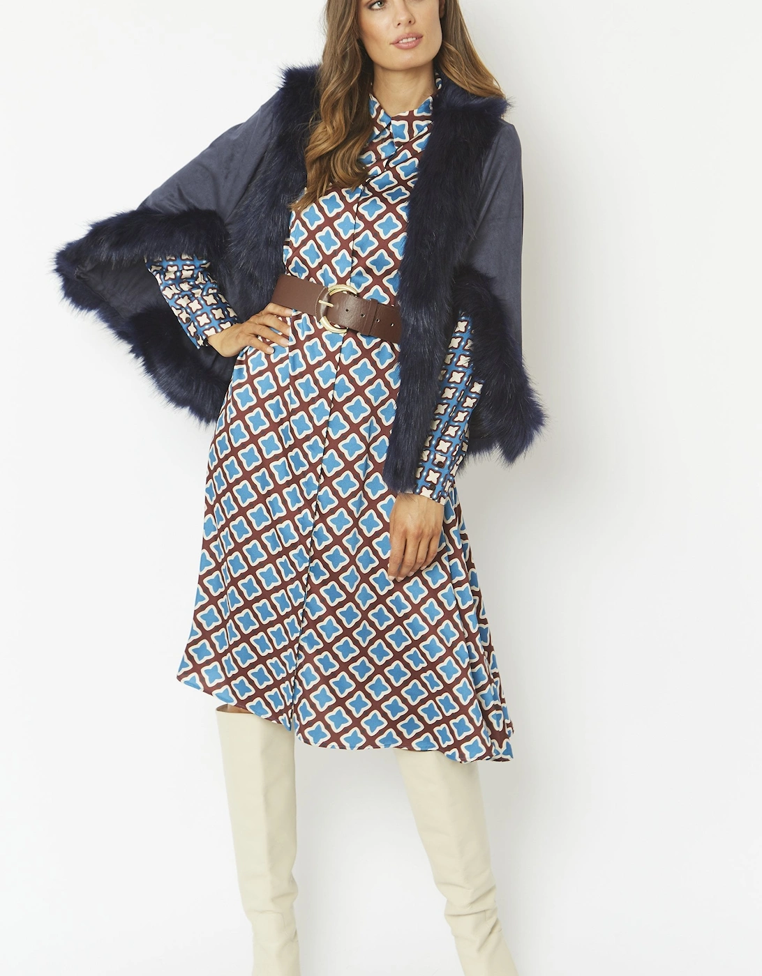 Blue Faux Fur Faux Suede Cape Jacket