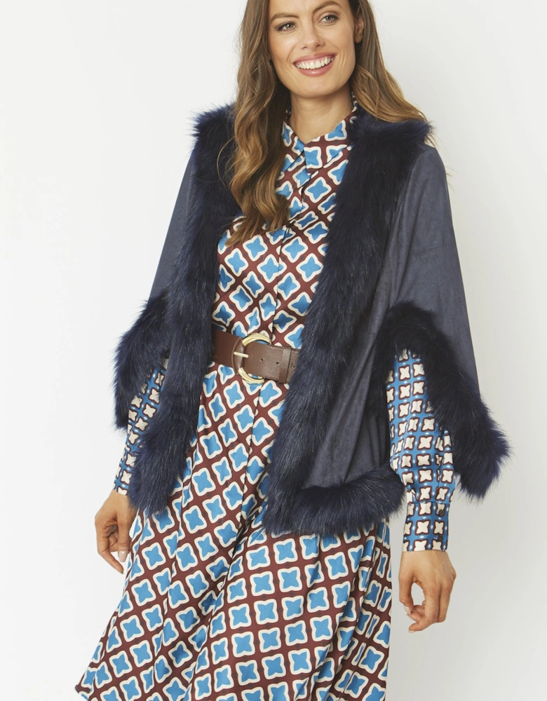 Blue Faux Fur Faux Suede Cape Jacket