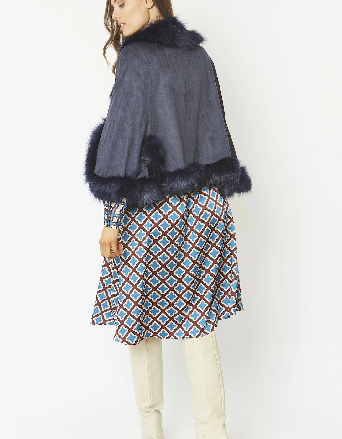 Blue Faux Fur Faux Suede Cape Jacket