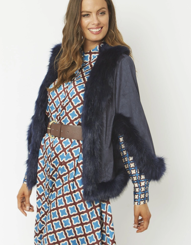 Blue Faux Fur Faux Suede Cape Jacket