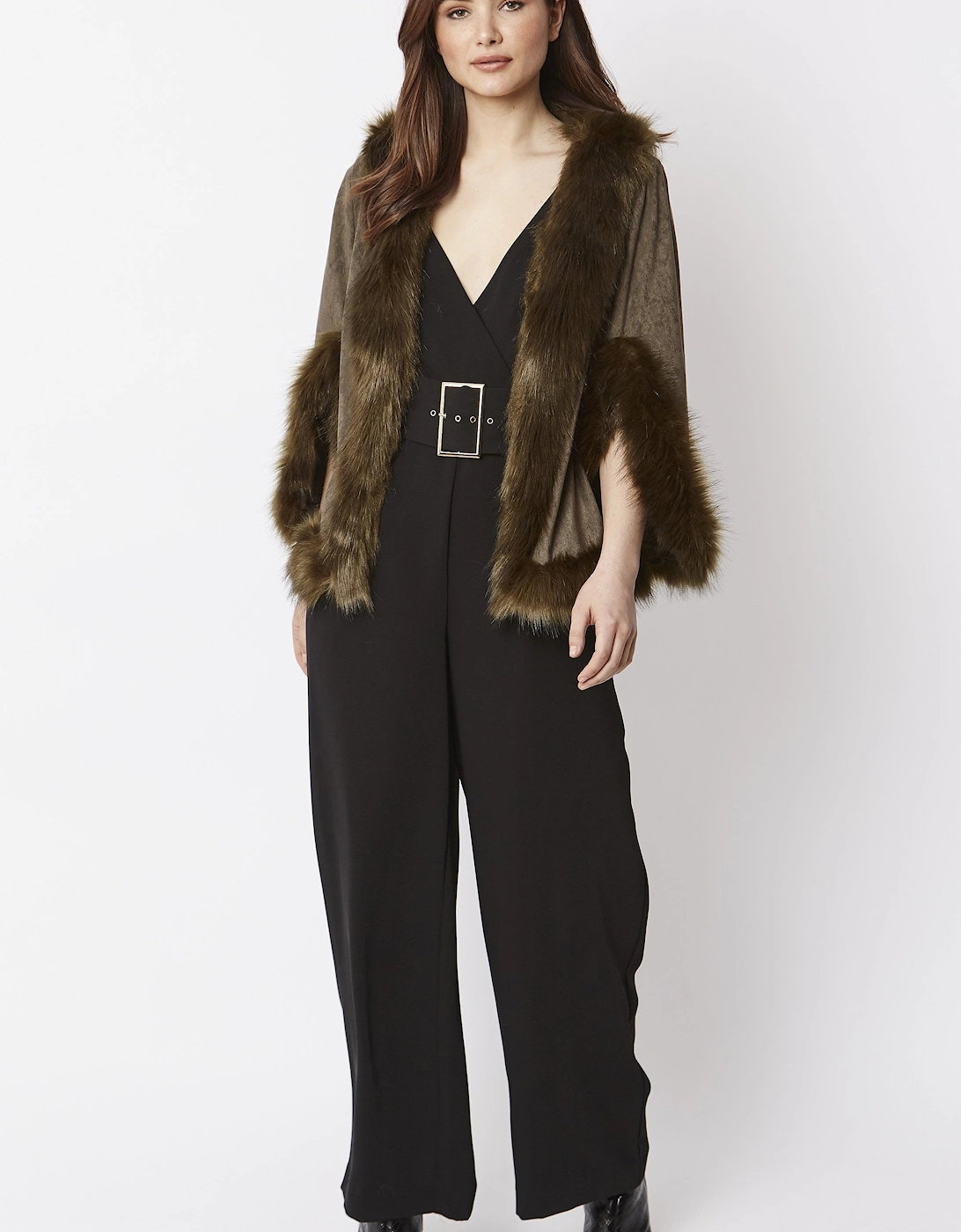 Green Faux Fur Faux Suede Cape Jacket
