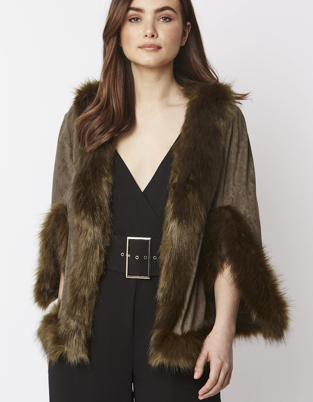 Green Faux Fur Faux Suede Cape Jacket, 7 of 6