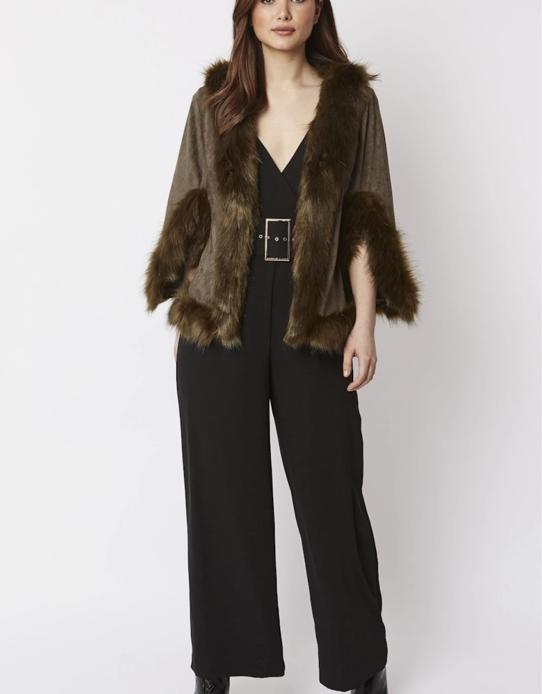 Green Faux Fur Faux Suede Cape Jacket