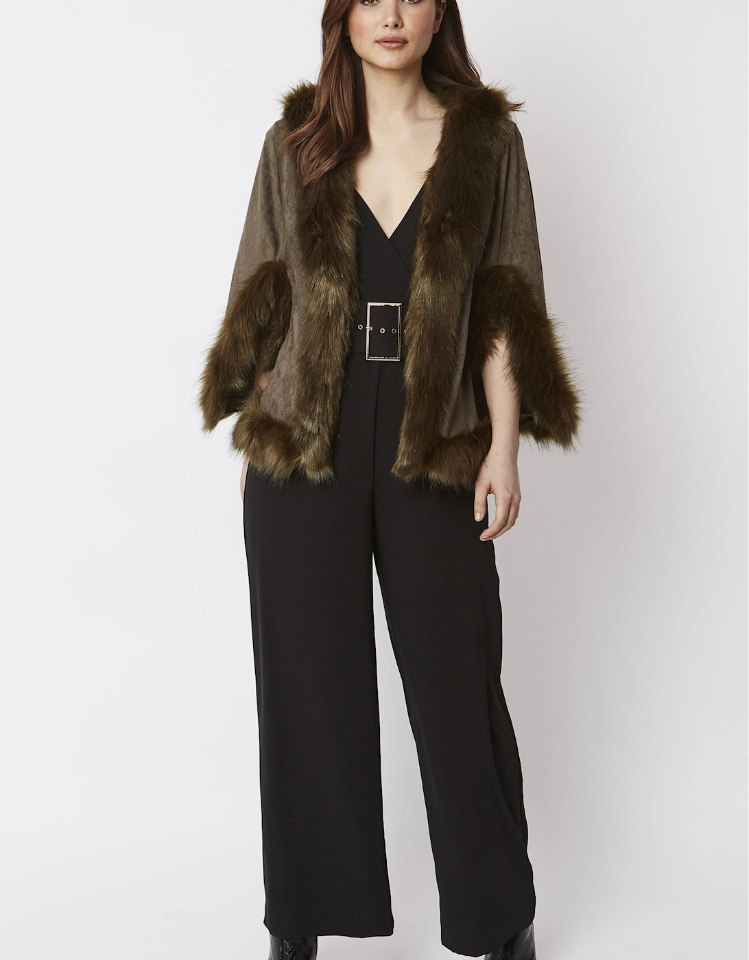 Green Faux Fur Faux Suede Cape Jacket