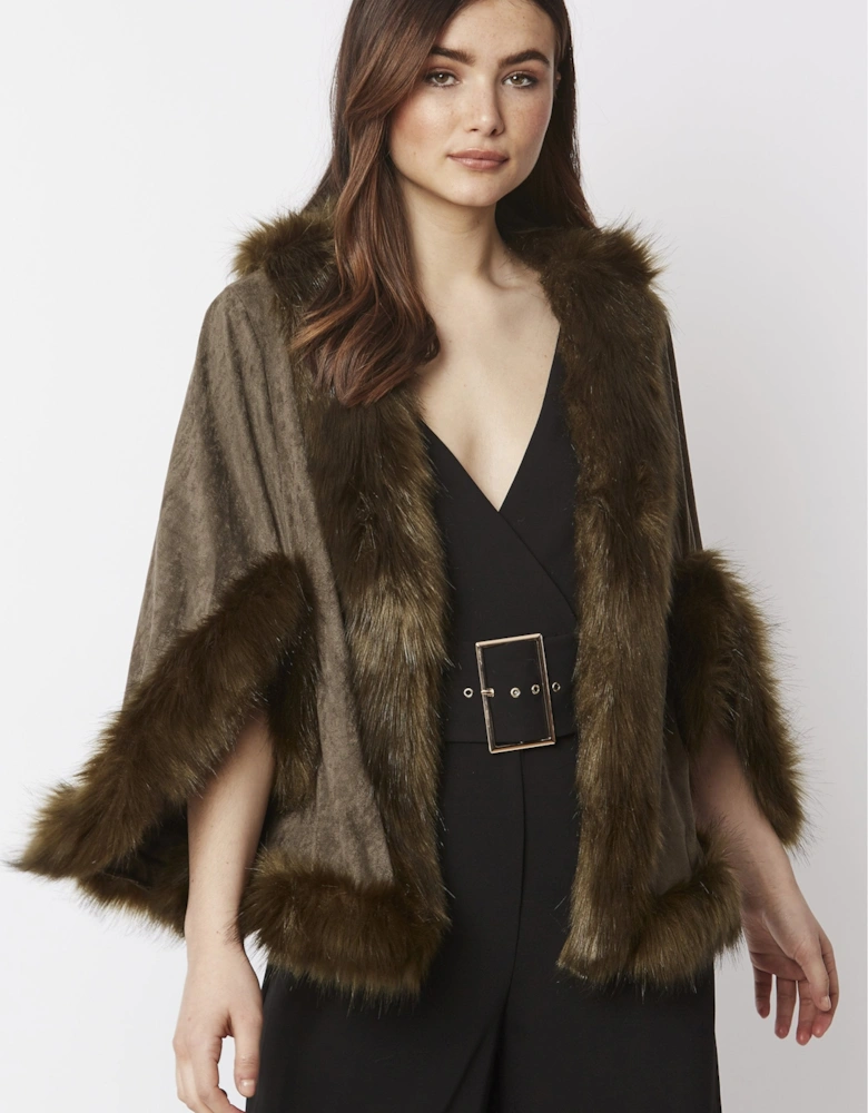 Green Faux Fur Faux Suede Cape Jacket