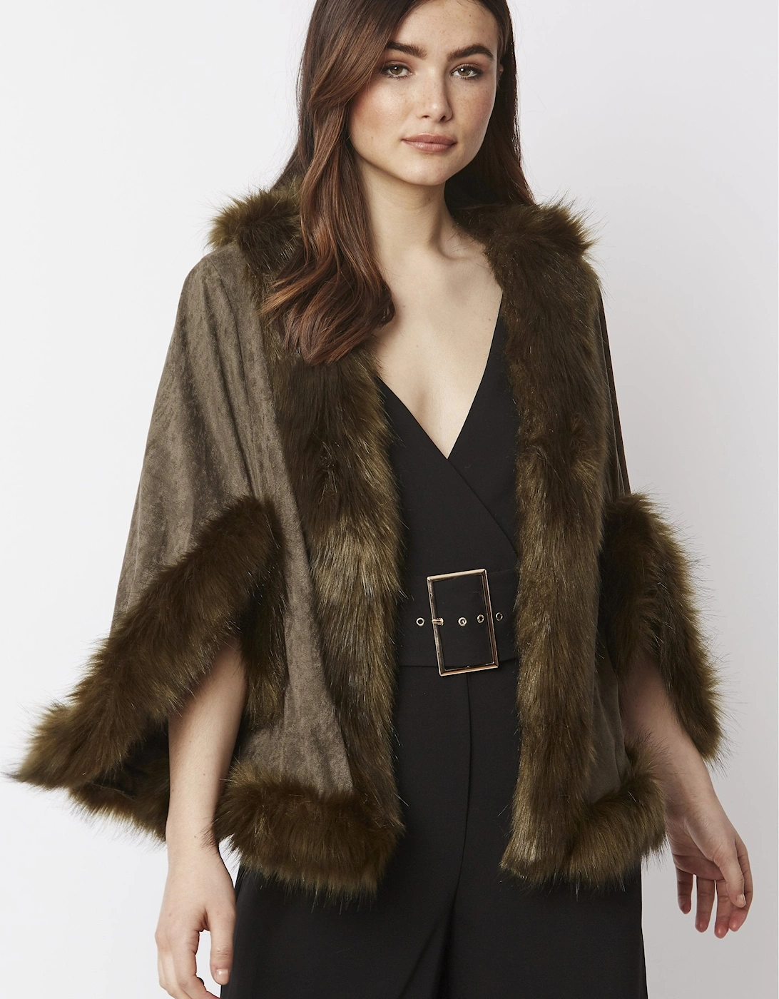 Green Faux Fur Faux Suede Cape Jacket