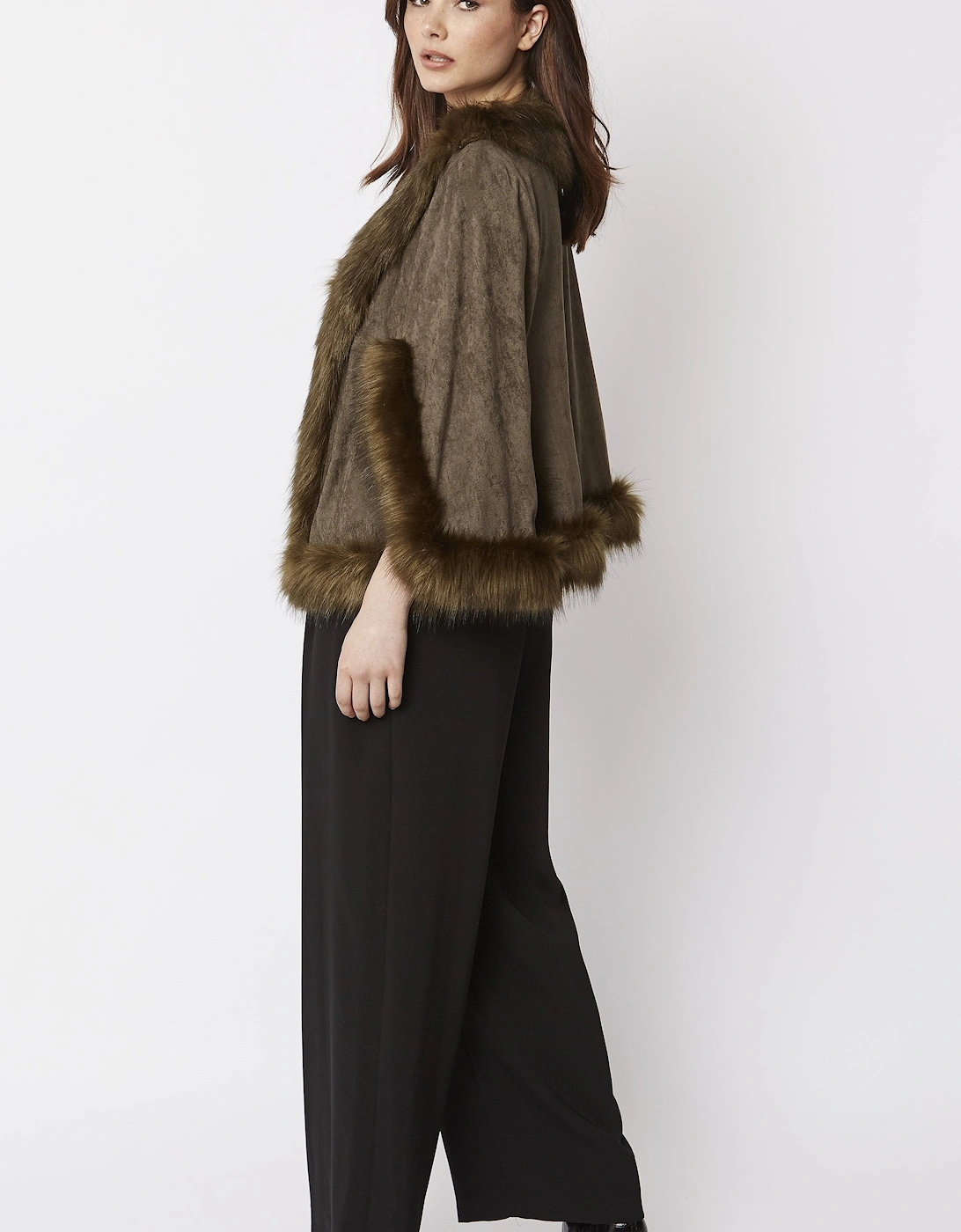 Green Faux Fur Faux Suede Cape Jacket