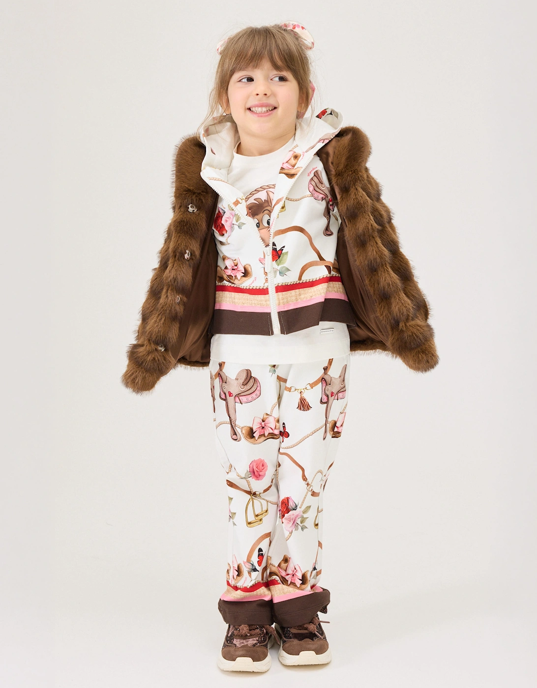 Monnalisa Girls Floral Equestrian Zip Up Top in Ivory