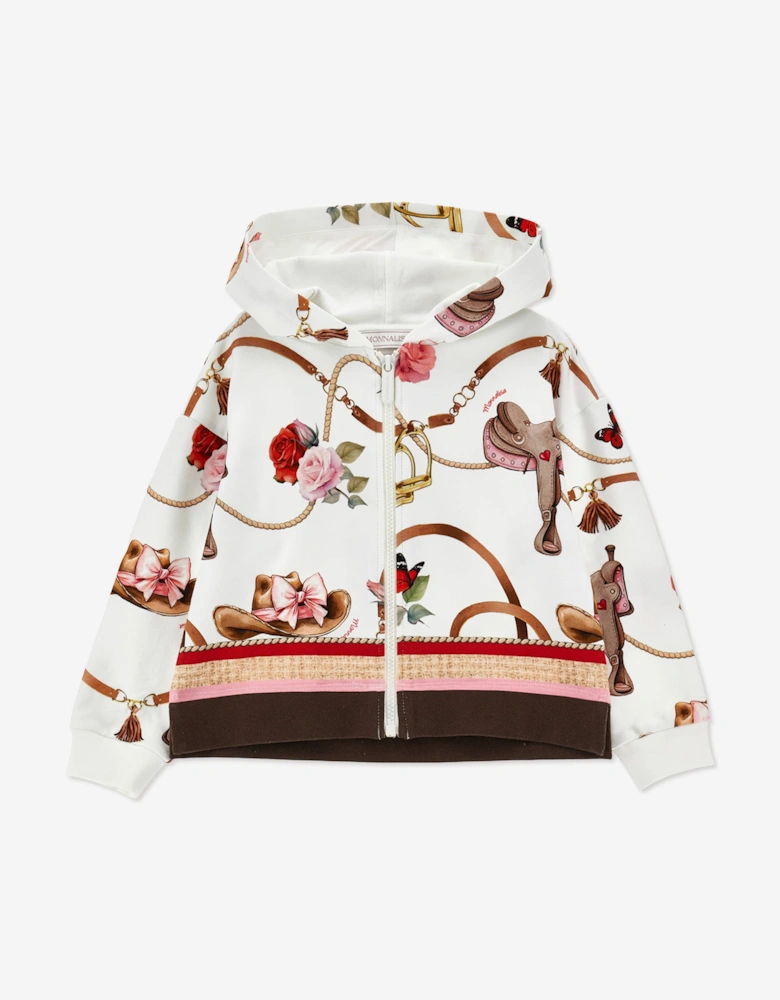 Monnalisa Girls Floral Equestrian Zip Up Top in Ivory