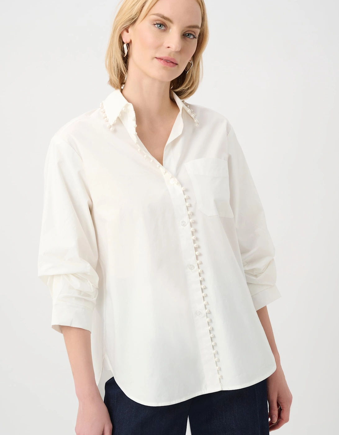 Cotton poplin pearl trim boxy blouse