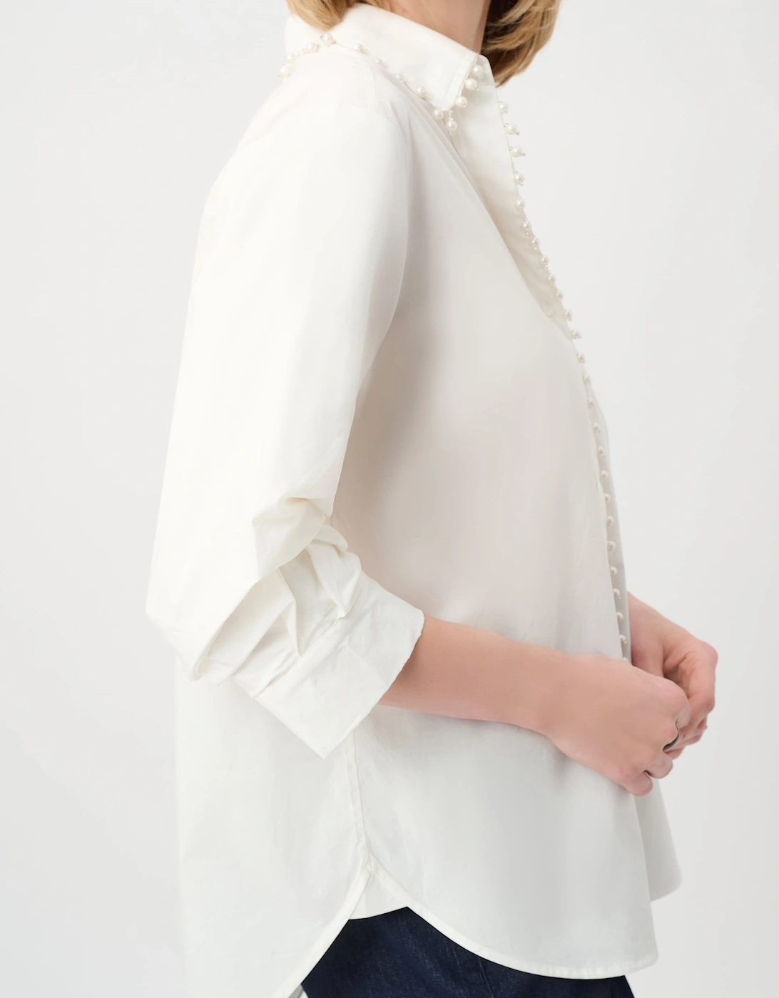Cotton poplin pearl trim boxy blouse