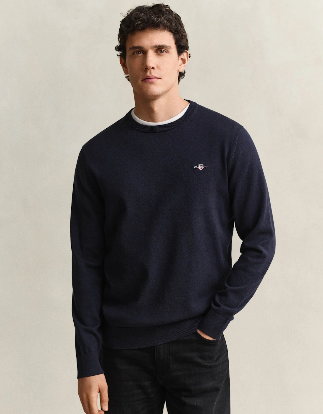 Gant Men's Navy Classic Cotton Shield Logo Crew Neck Jumper - 433 Evening Blue - Size 38