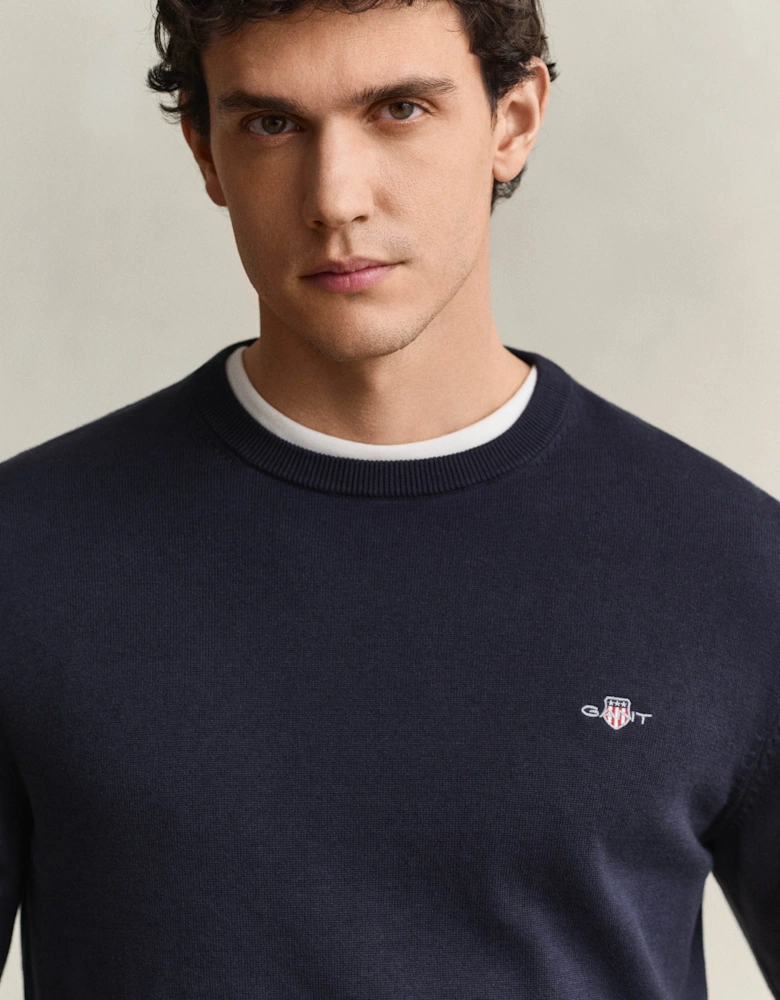 GANT Mens Classic Cotton Shield Logo Crew Neck Jumper - 433 Evening Blue