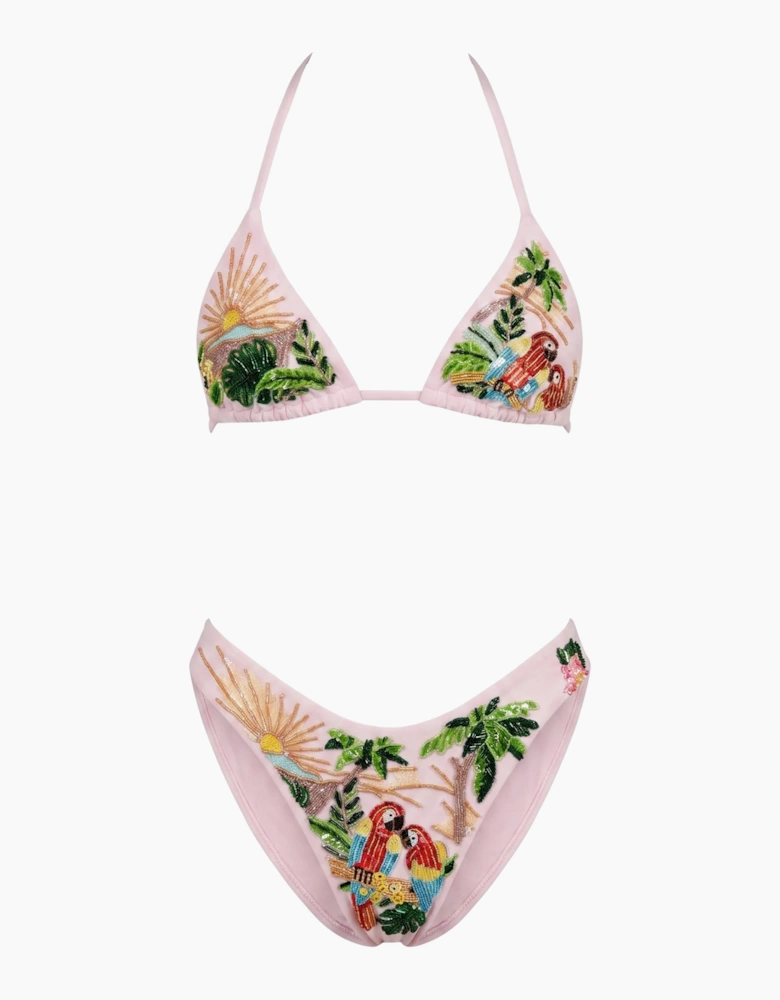 Charli Embellished Premium Tropical Hand-Embroidery Pink Bikini Bottom in Stock
