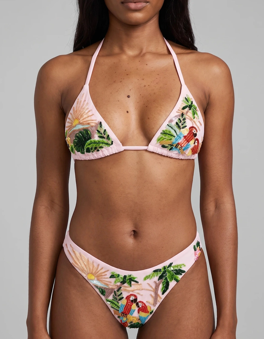 Charli Embellished Premium Tropical Hand-Embroidery Pink Bikini Bottom in Stock