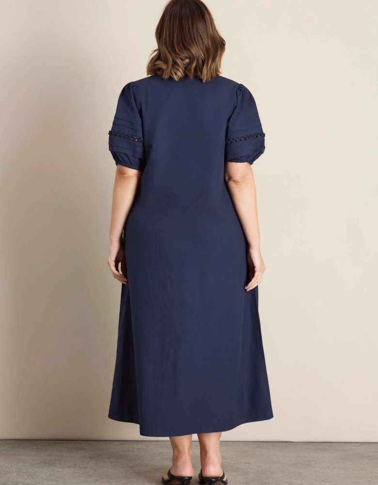 Blue Puff Sleeve Collared Cotton Midaxi Dress