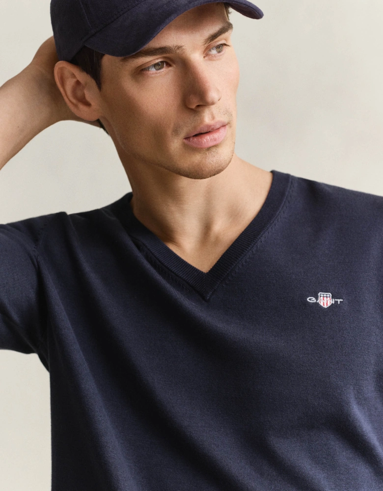 GANT Mens Classic Cotton Shield Logo V-Neck Jumper - 433 Evening Blue