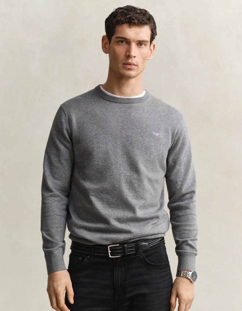 GANT Mens Classic Cotton Shield Logo Crew Neck Jumper - 92 Dark Grey Melange