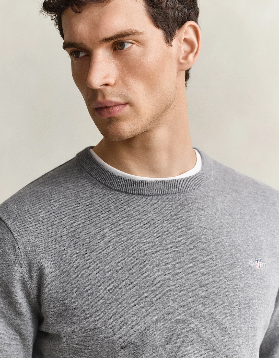 GANT Mens Classic Cotton Shield Logo Crew Neck Jumper - 92 Dark Grey Melange