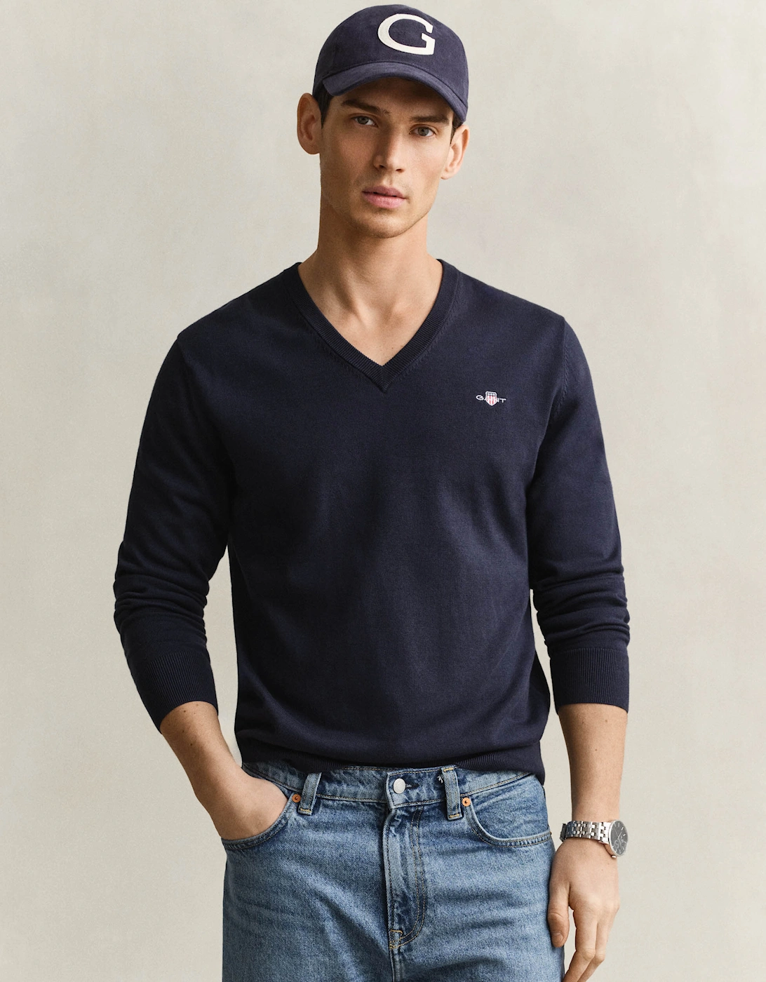 GANT Mens Classic Cotton Shield Logo V-Neck Jumper - 433 Evening Blue
