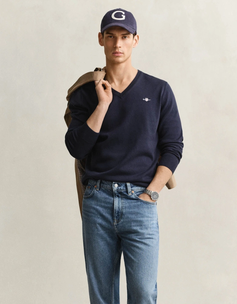 GANT Mens Classic Cotton Shield Logo V-Neck Jumper - 433 Evening Blue