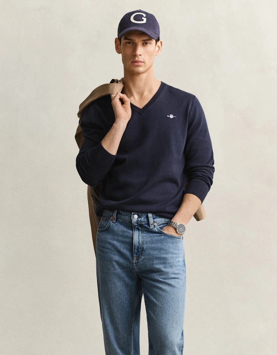 GANT Mens Classic Cotton Shield Logo V-Neck Jumper - 433 Evening Blue