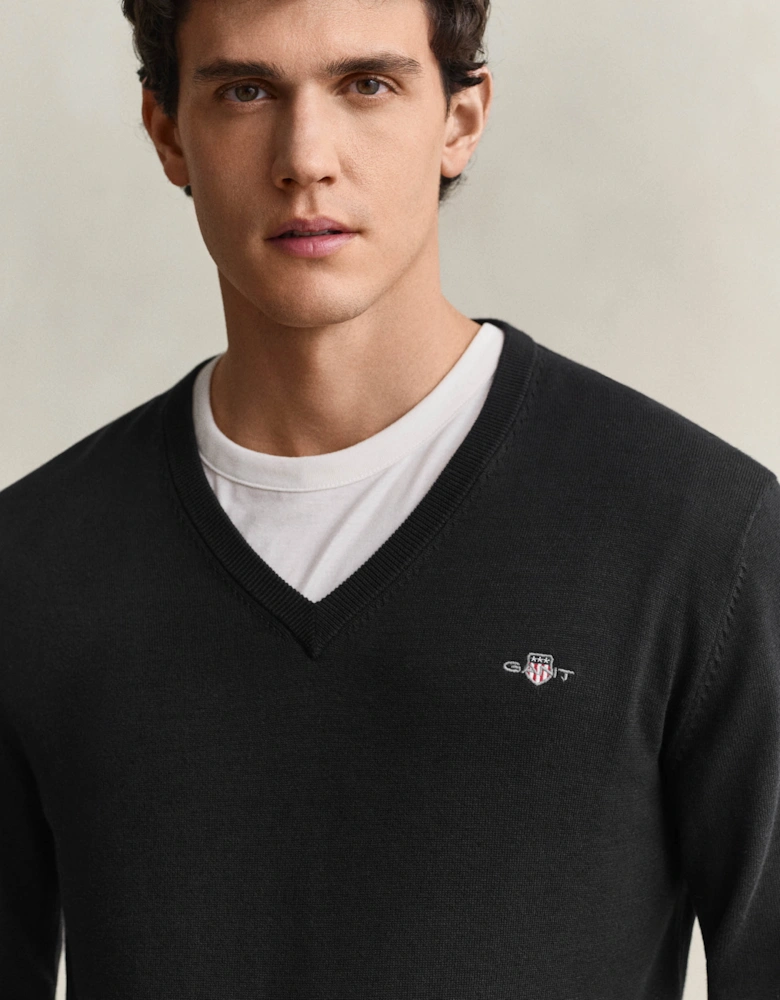 GANT Mens Classic Cotton Shield Logo V-Neck Jumper - 5 Black