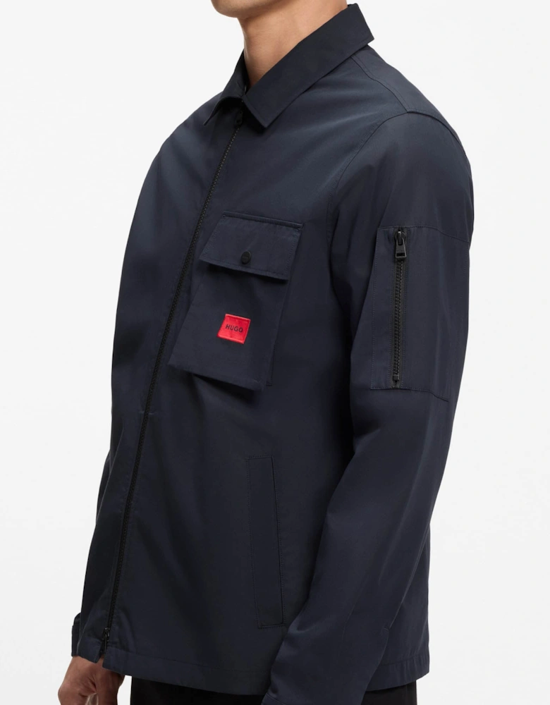 HUGO Emmond Mens Zip Overshirt with Red Logo Label - Dark Blue 405
