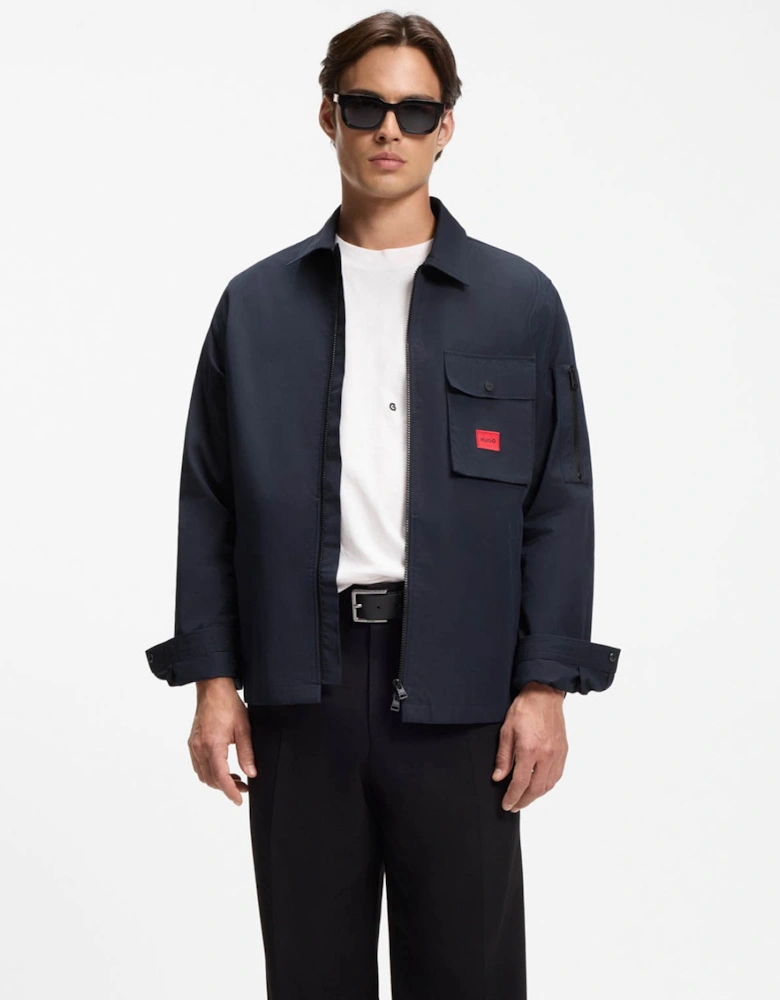 HUGO Emmond Mens Zip Overshirt with Red Logo Label - Dark Blue 405