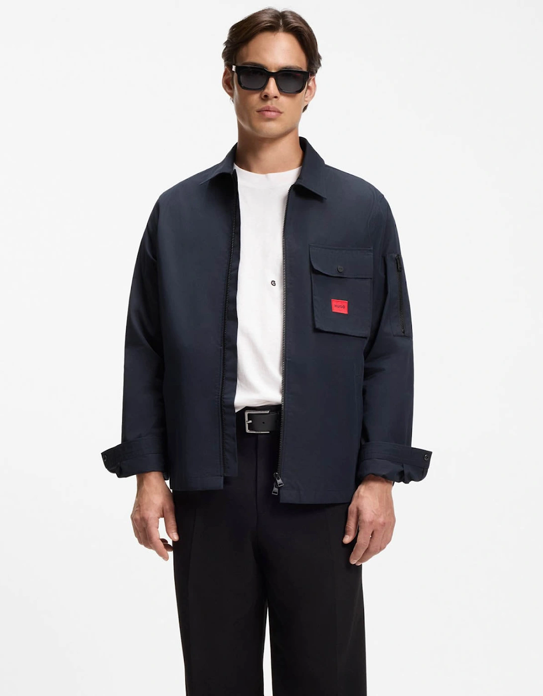 HUGO Emmond Mens Zip Overshirt with Red Logo Label - Dark Blue 405