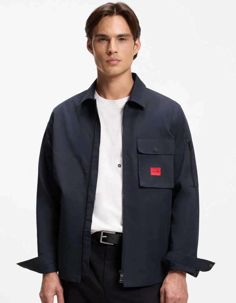 HUGO Emmond Mens Zip Overshirt with Red Logo Label - Dark Blue 405