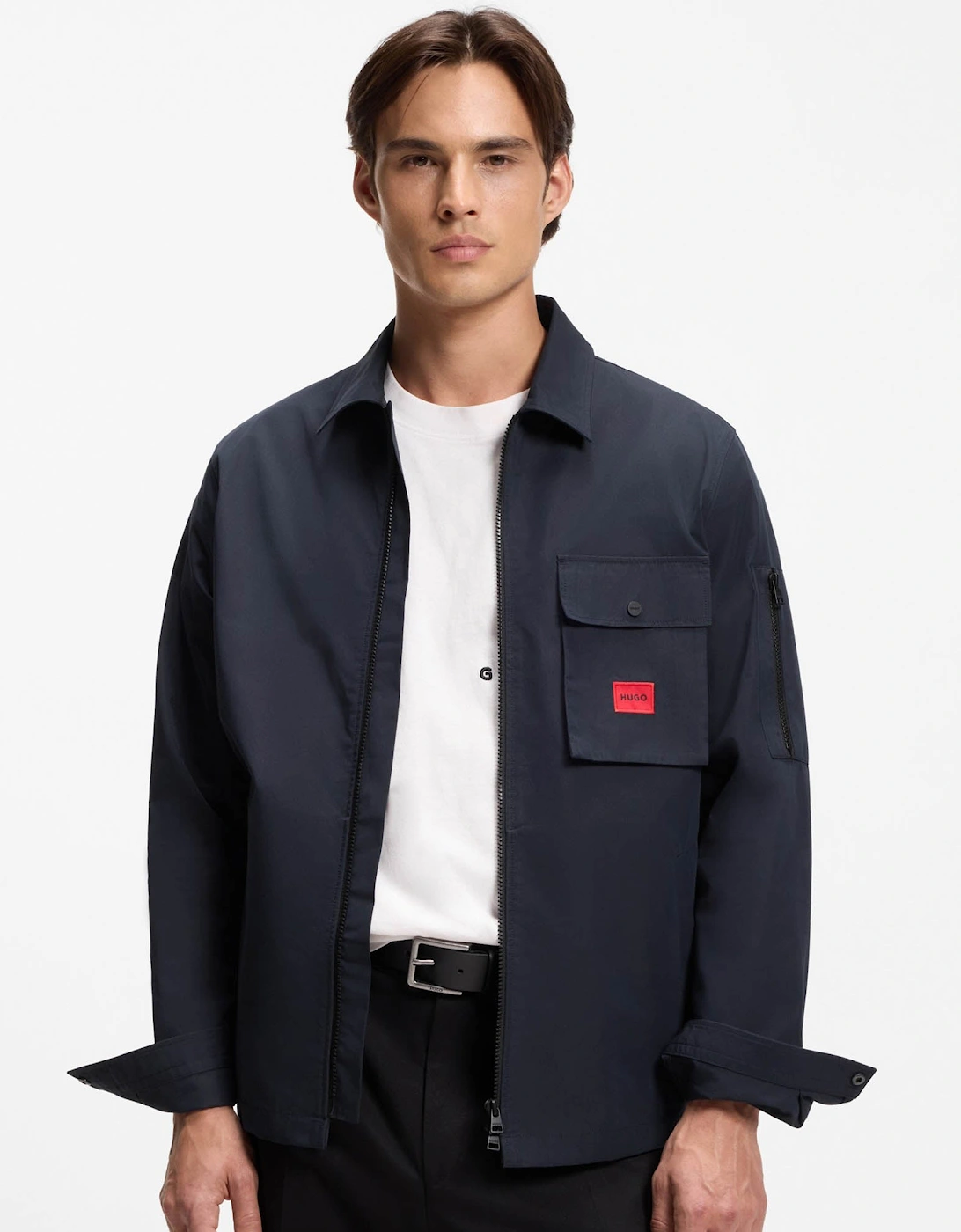 HUGO Emmond Mens Zip Overshirt with Red Logo Label - Dark Blue 405, 6 of 5