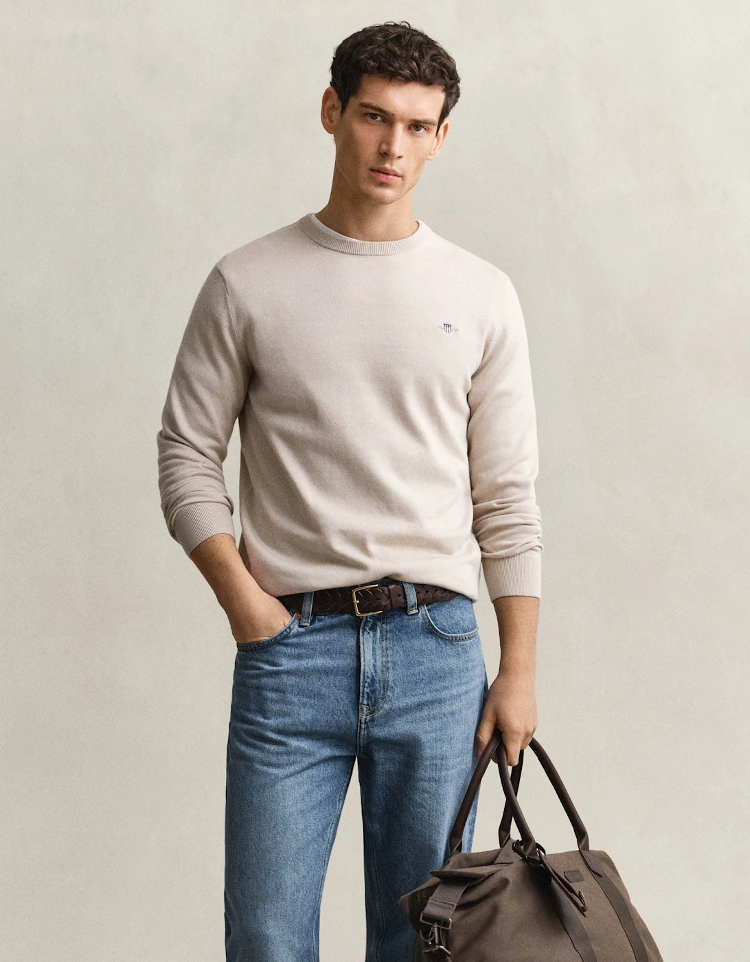 GANT Mens Classic Cotton Shield Logo Crew Neck Jumper - 215 Clay Beige