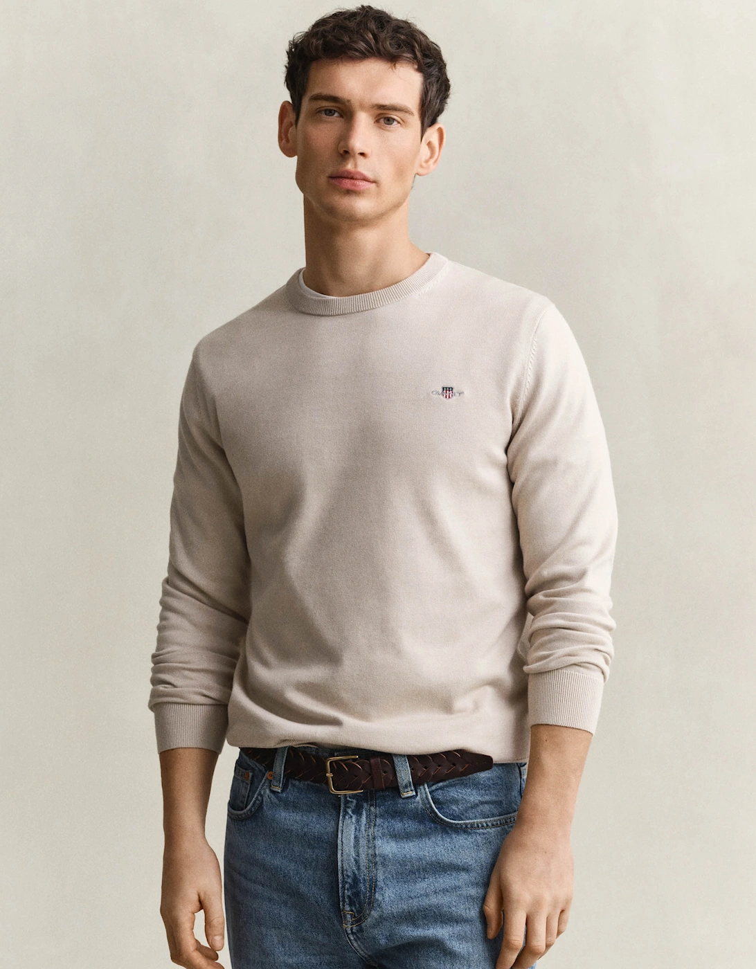 Gant Men's Tan Classic Cotton Shield Logo Crew Neck Jumper - 215 Clay Beige - Size 40