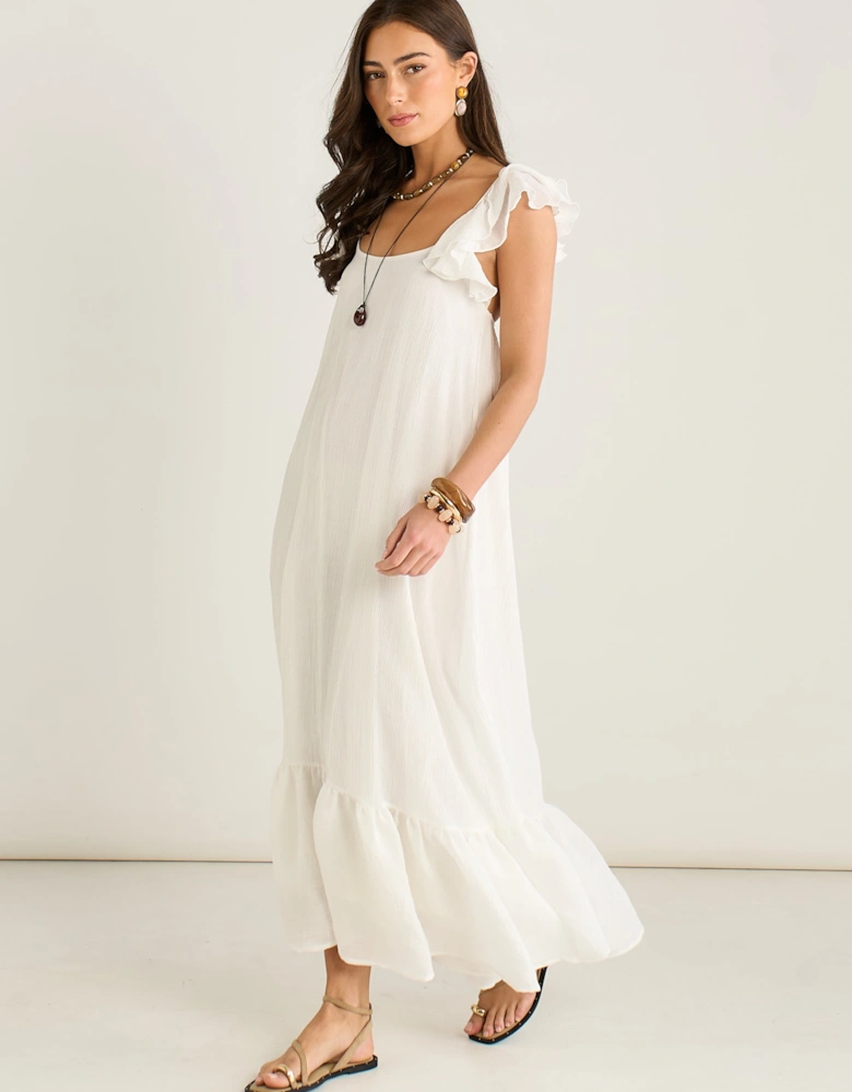 White Ruffle Short Sleeve Viscose Maxi Dress