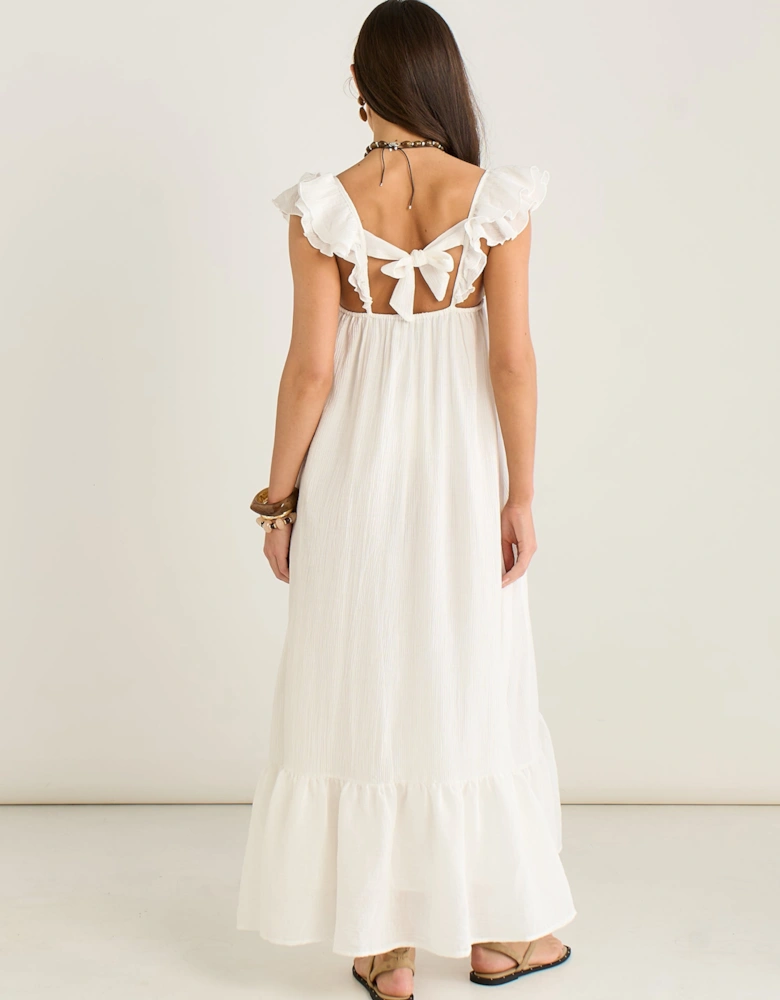 White Ruffle Short Sleeve Viscose Maxi Dress