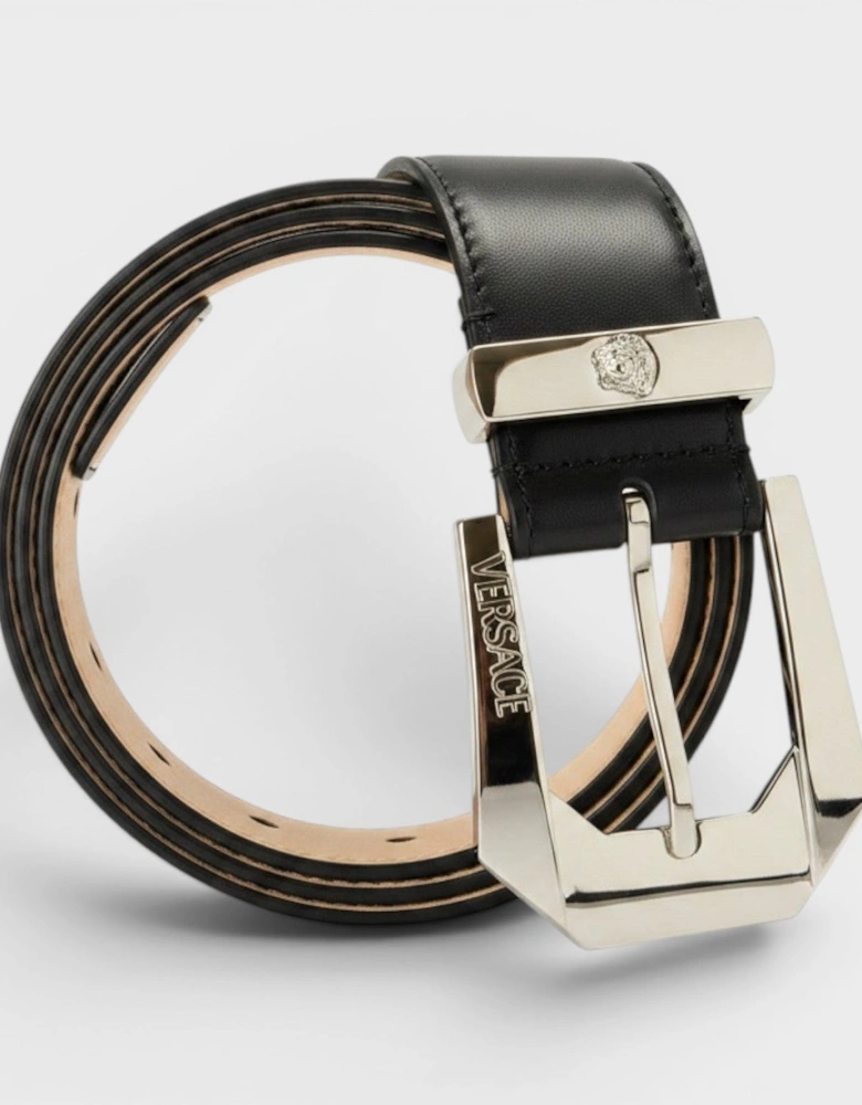 Leather Medusa Buckle Black Silver