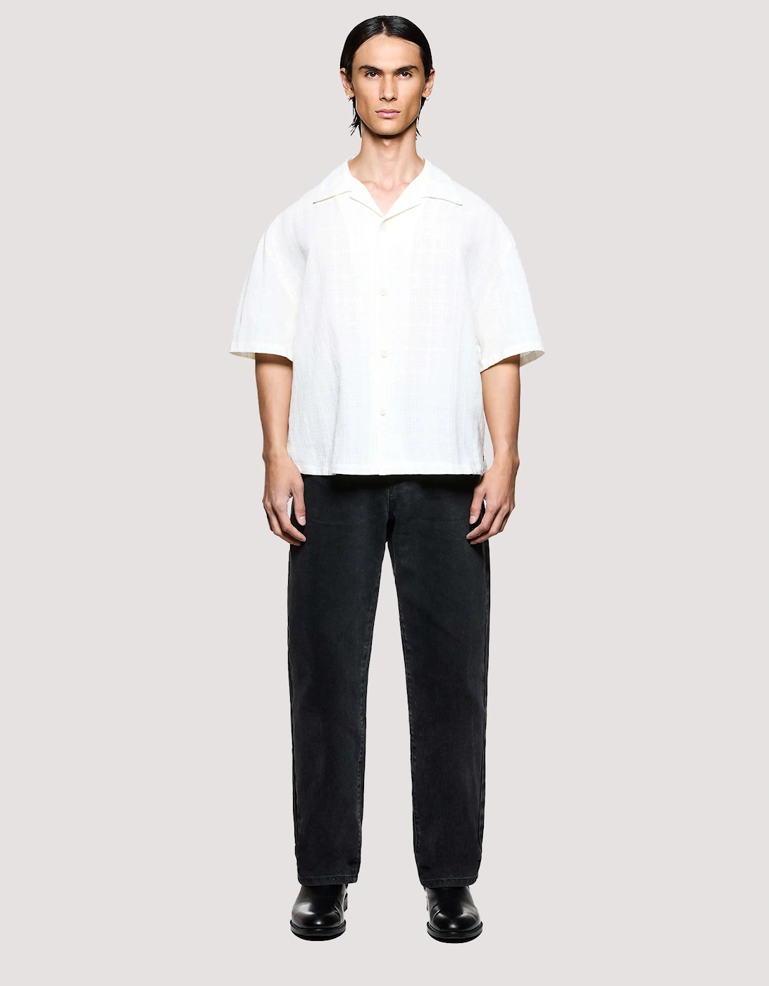 Box Fit Loose Weave Check Short Sleeve Vacation Shirt