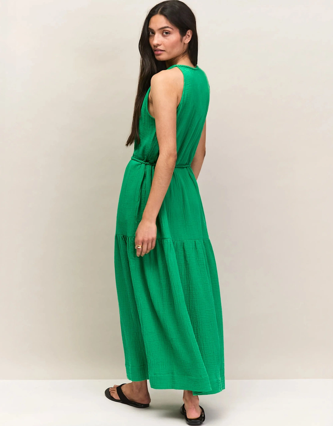 Petite Green Cheesecloth Rope Belt Dress