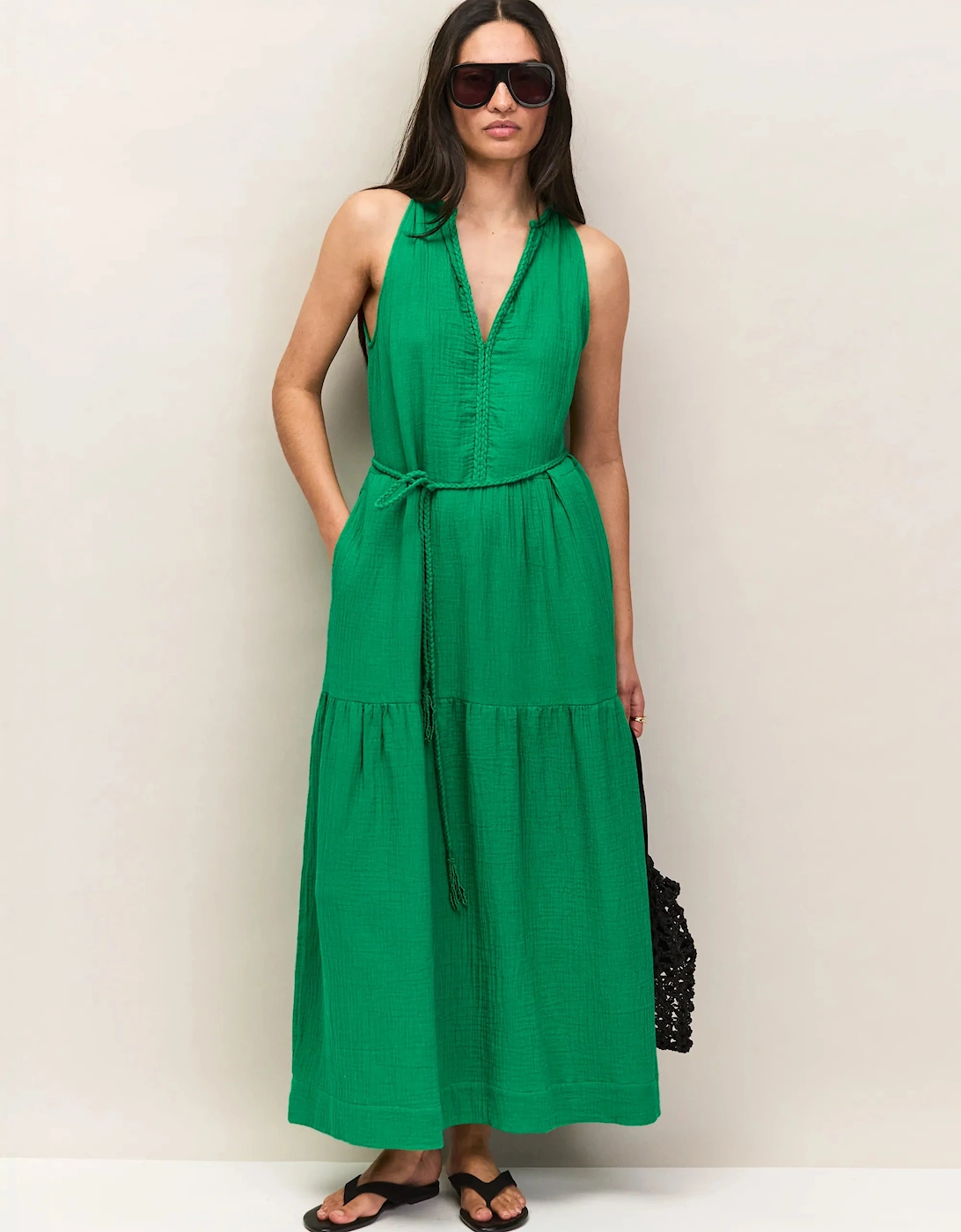 Petite Green Cheesecloth Rope Belt Dress