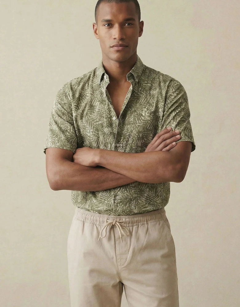 All-Over Print Linen Button Down Short Sleeved Shirt Pistachio