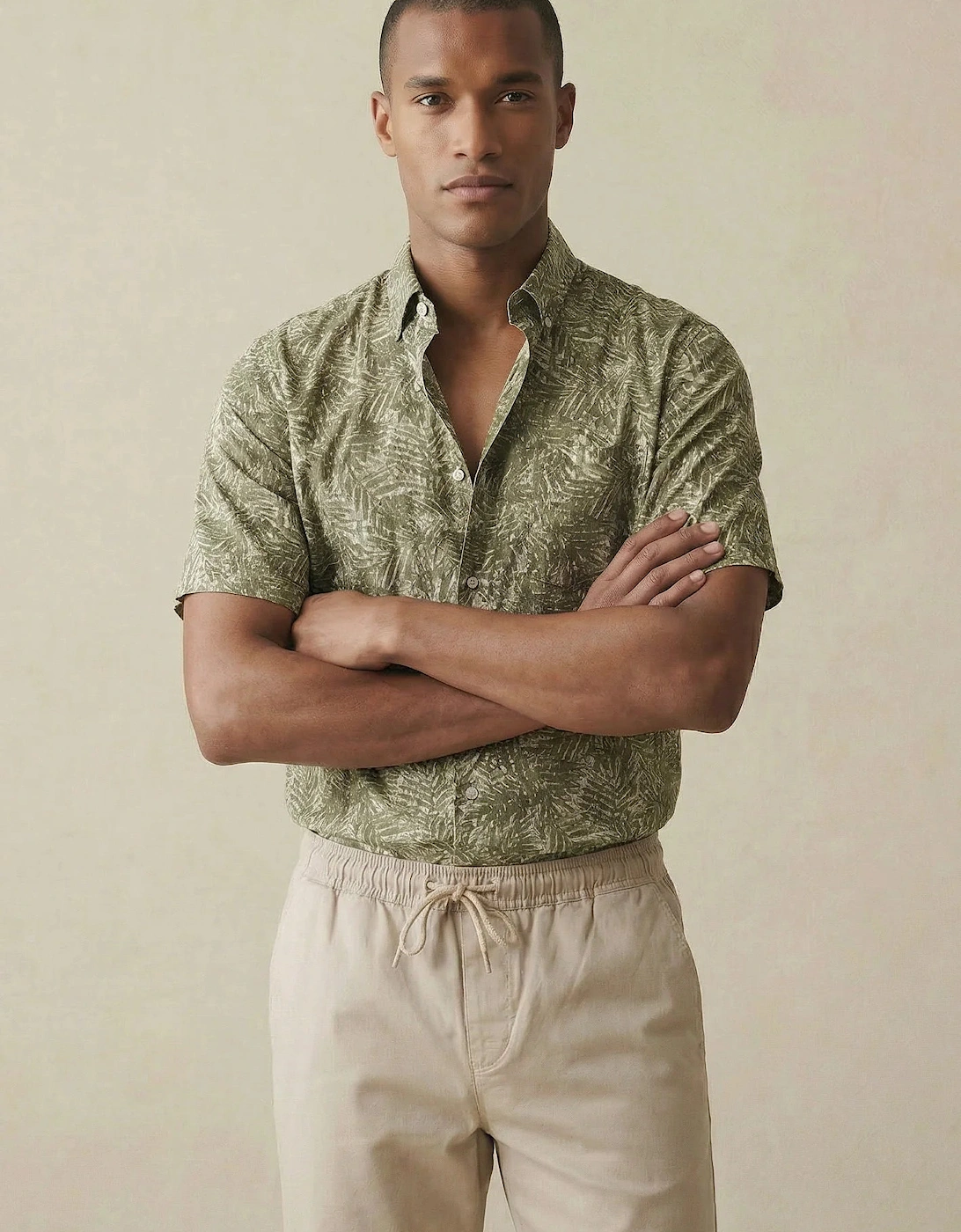 All-Over Print Linen Button Down Short Sleeved Shirt Pistachio