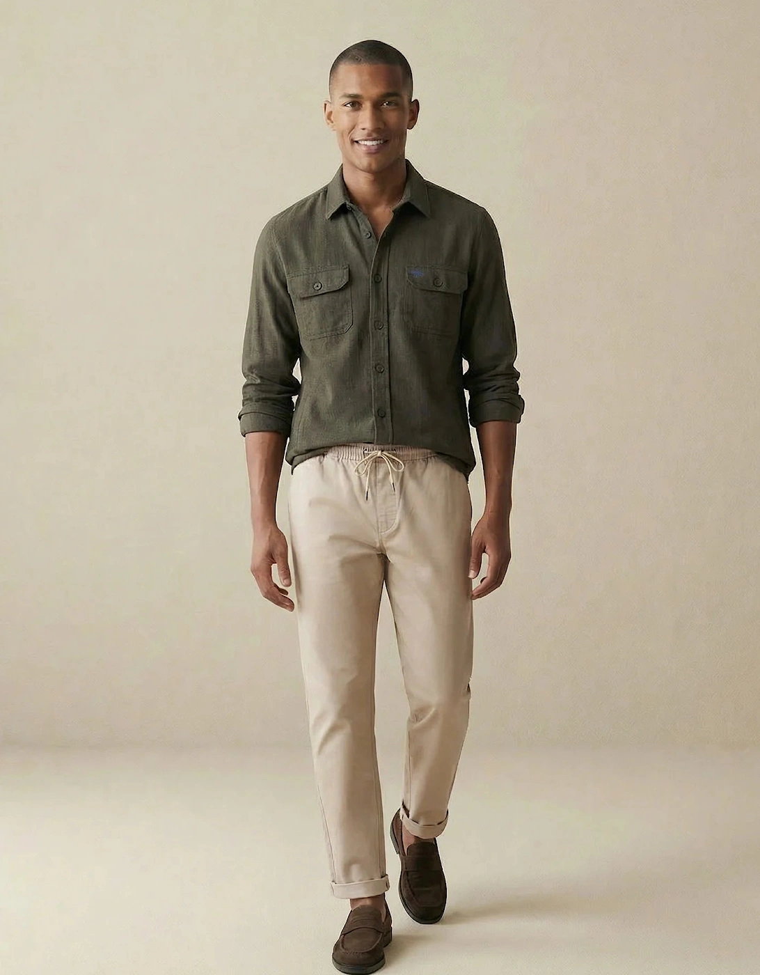 Patch Pocket Herringbone Linen Overshirt Dark Khaki