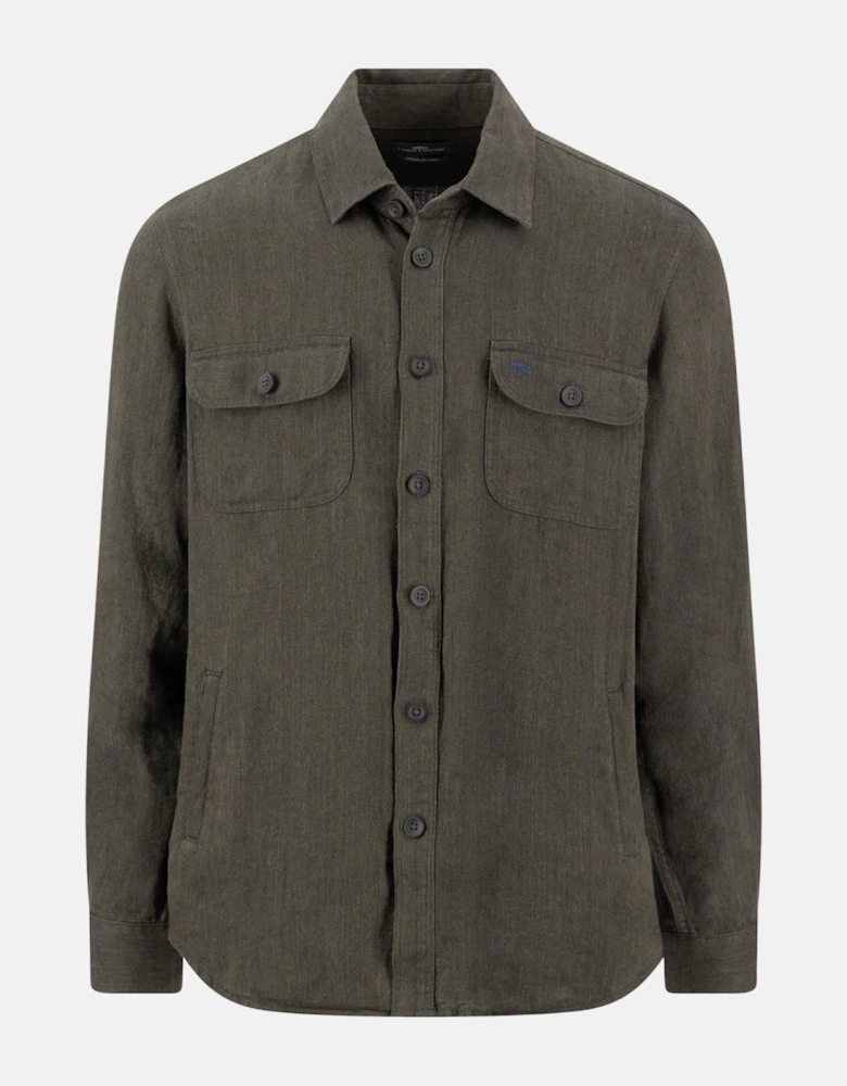 Patch Pocket Herringbone Linen Overshirt Dark Khaki