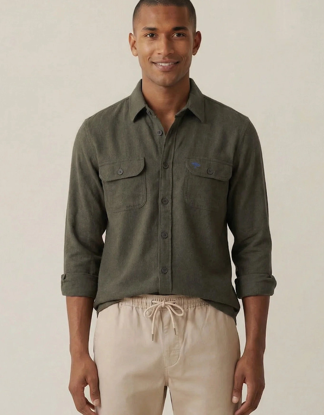 Patch Pocket Herringbone Linen Overshirt Dark Khaki
